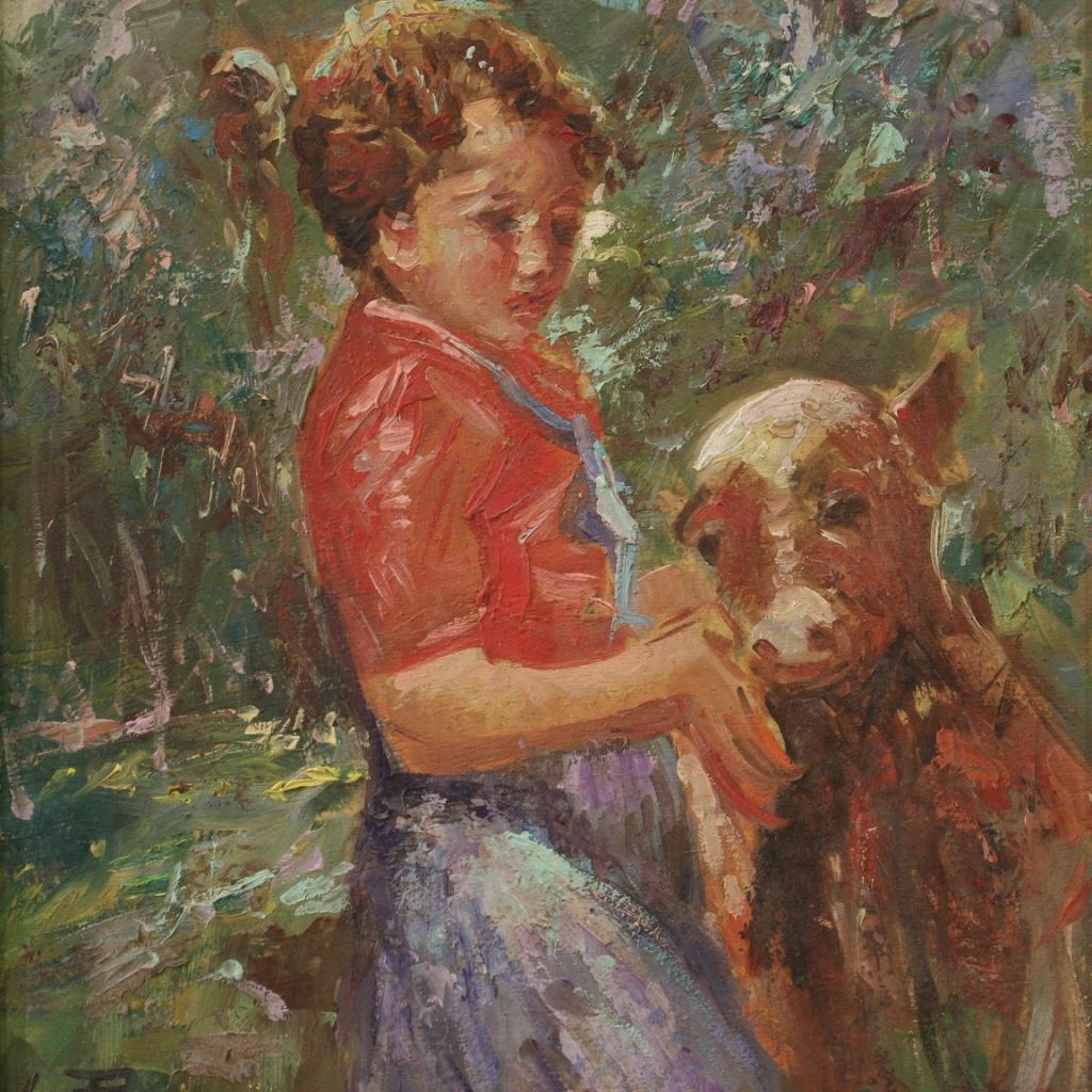 Italian painting from the mid-20th century. Artwork oil on board depicting a girl with a calf of good pictorial quality. Impressionist style painting of good brightness adorned with a carved and gilded wooden and plaster frame. Artwork signed lower