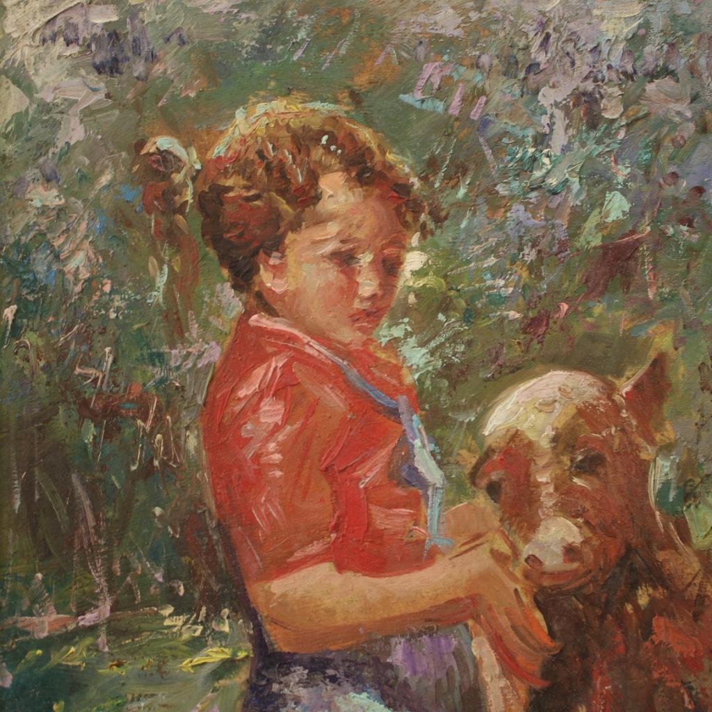 20th Century Oil on Board Italian Signed Painting Girl with a Calf, 1950 In Fair Condition For Sale In Vicoforte, Piedmont