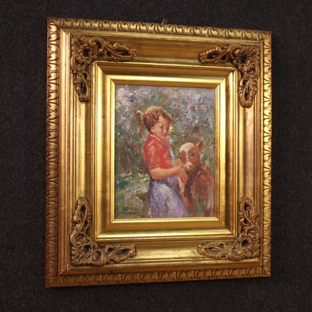 20ième siècle Peinture italienne du 20ème siècle à l'huile sur panneau, signée, fille avec un veau, 1950 en vente