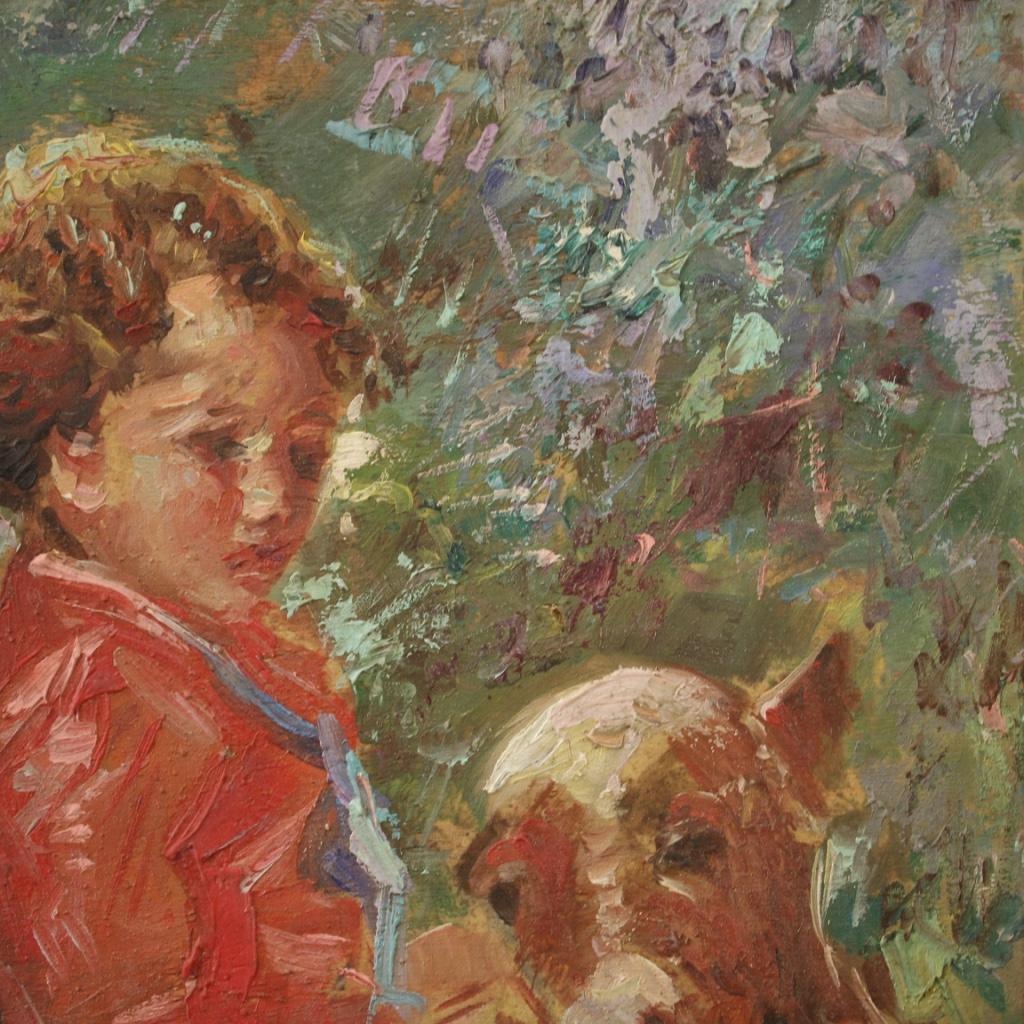 Bois Peinture italienne du 20ème siècle à l'huile sur panneau, signée, fille avec un veau, 1950 en vente