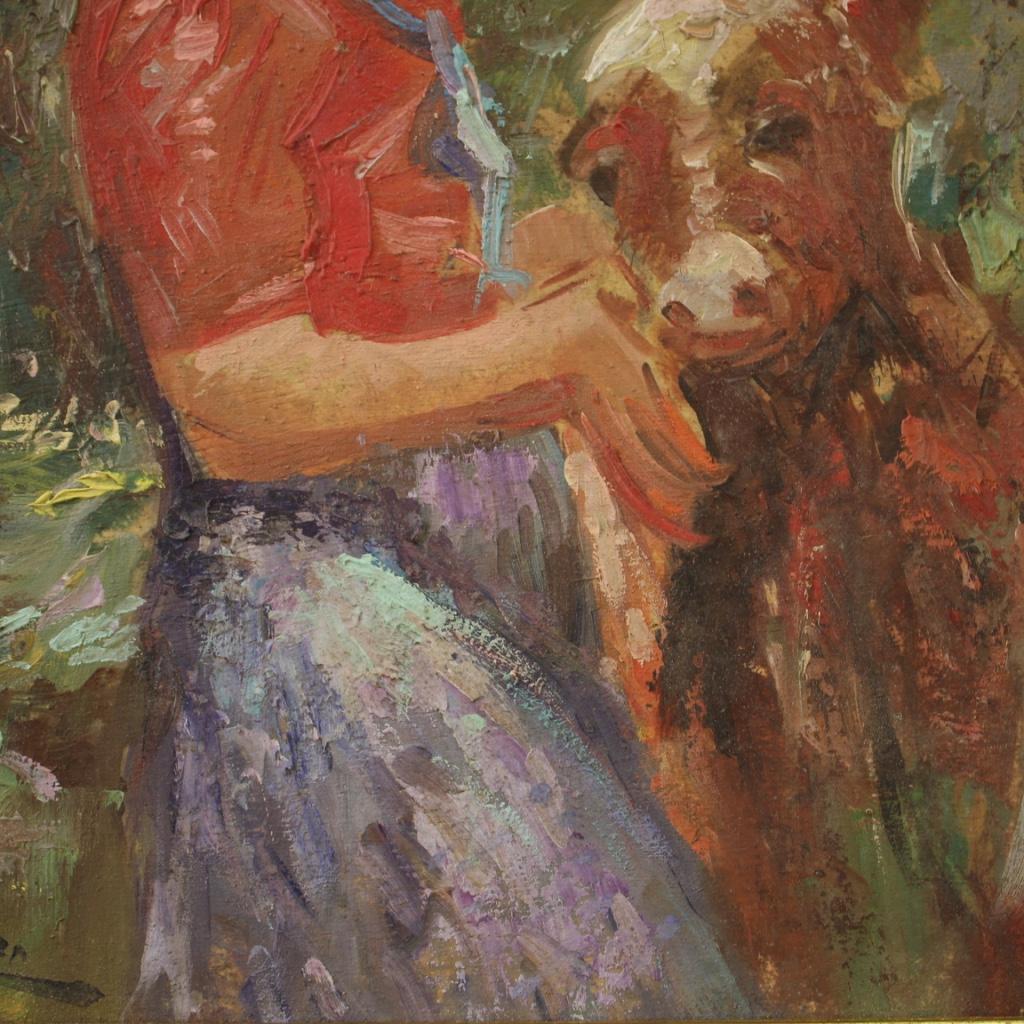 Peinture italienne du 20ème siècle à l'huile sur panneau, signée, fille avec un veau, 1950 en vente 1