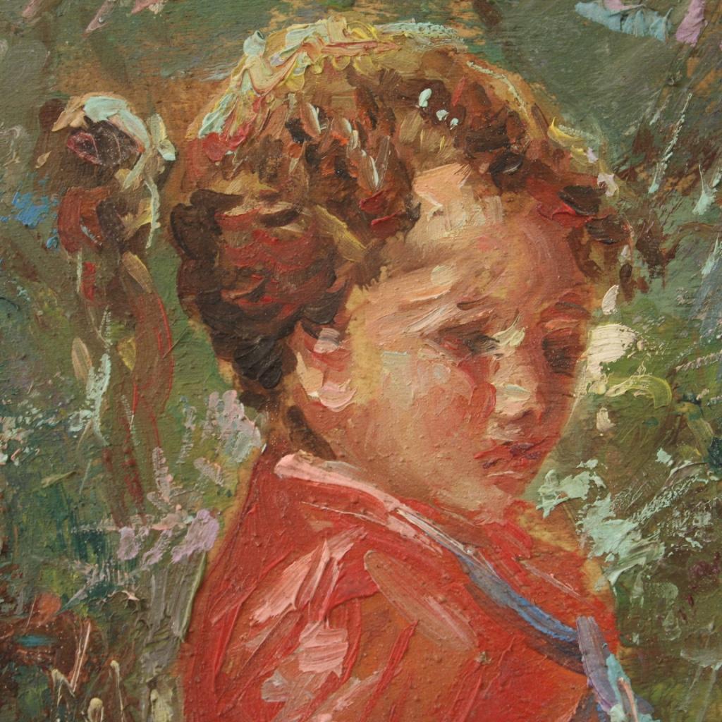 20th Century Oil on Board Italian Signed Painting Girl with a Calf, 1950 For Sale 3
