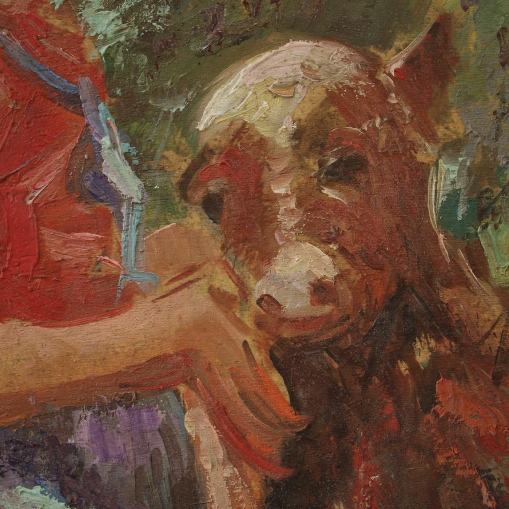 Peinture italienne du 20ème siècle à l'huile sur panneau, signée, fille avec un veau, 1950 en vente 4