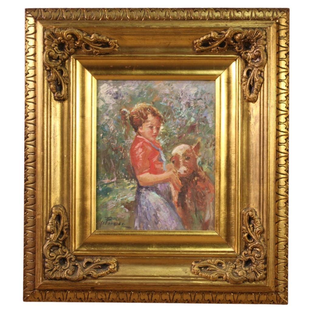 20th Century Oil on Board Italian Signed Painting Girl with a Calf, 1950 For Sale
