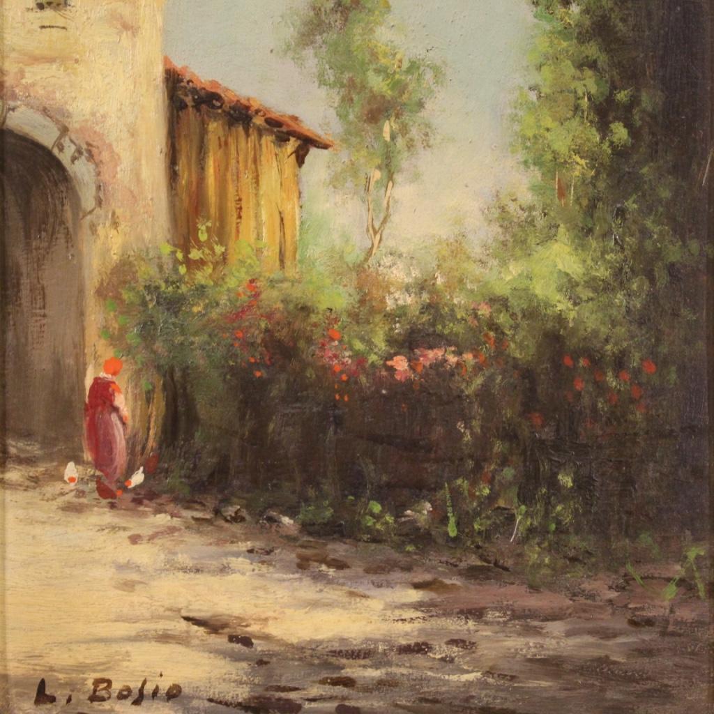 Italian painting from the mid-20th century. Framework oil on board depicting a countryside landscape of good pictorial quality. Painting signed lower left L. Bosio (see photo) referable to Luigi Bosio (1896-1959) missing authentication. Small