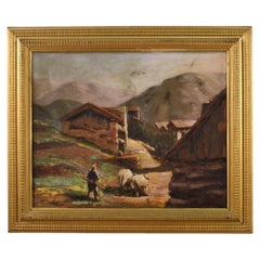 20th Century Oil on Board Italian Signed Painting Landscape with Shepherd, 1950s