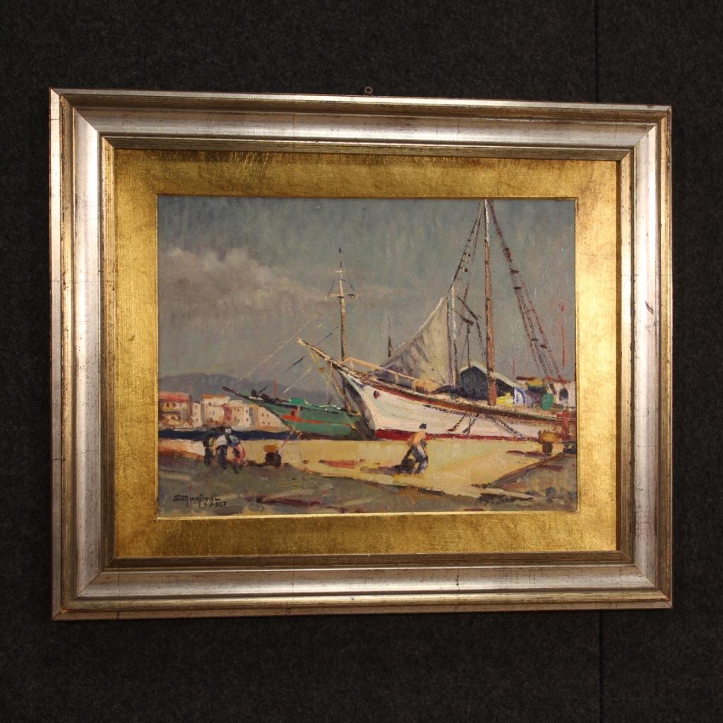 Wood 20th Century Oil on Board Italian Signed Seascape Painting Dated 1967 For Sale