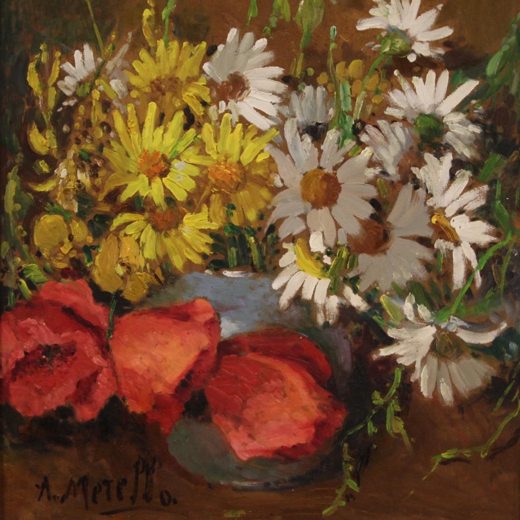 Italian painting from the mid-20th century. Framework oil on board depicting still life Vase with daisies of good pictorial quality. Nice sized and pleasantly furnished framework signed lower left A. Merello (see photo) referable to the painter