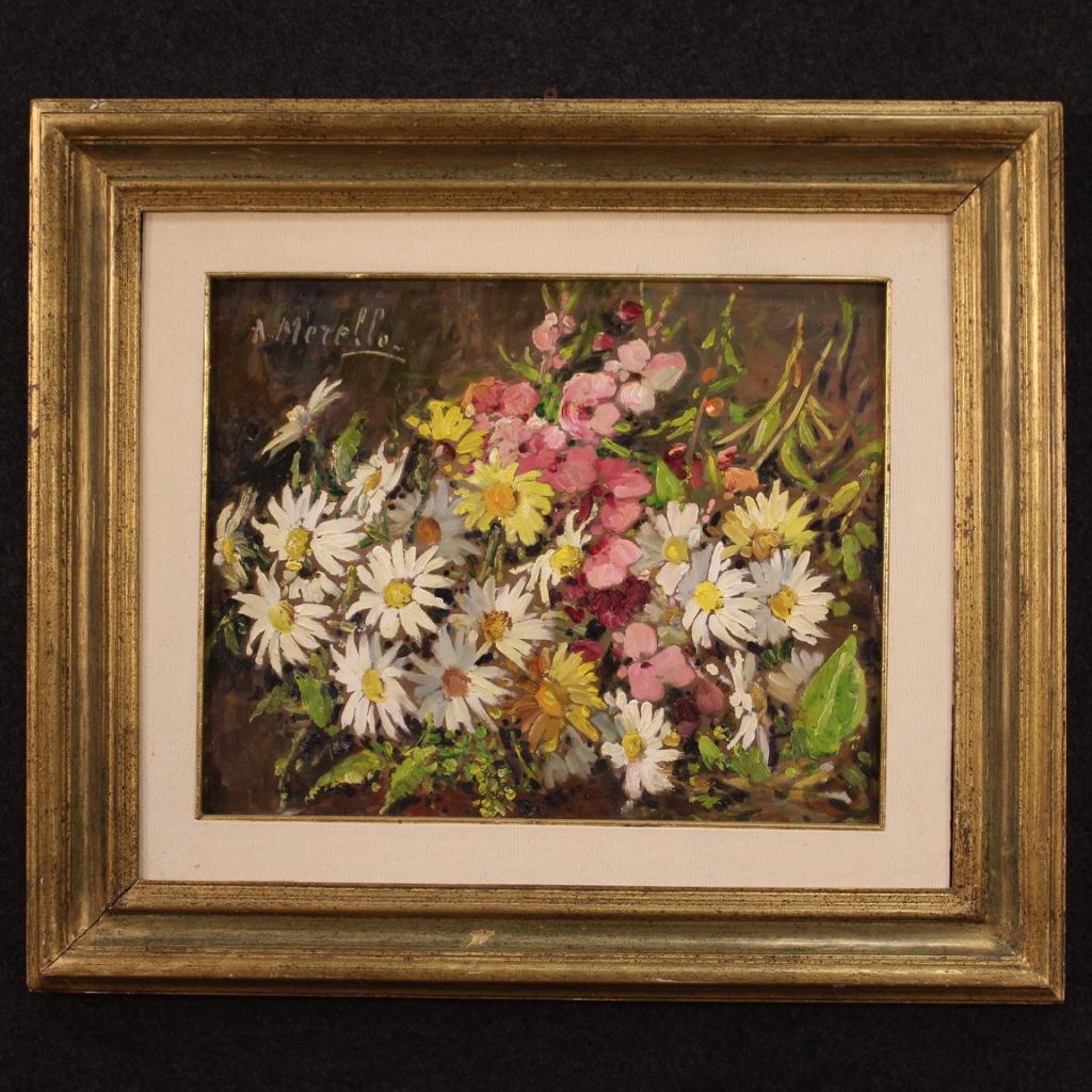 Italian painting from the mid-20th century. Framework oil on board depicting still life with daisies of good pictorial quality. Nice sized and pleasantly furnished framework signed in the upper left corner A. Merello (see photo) referable to the