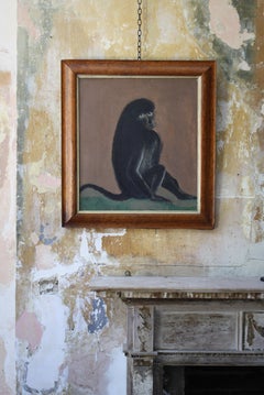 20th Century Oil on Board, Mangabey Monkey Folk Art Portrait