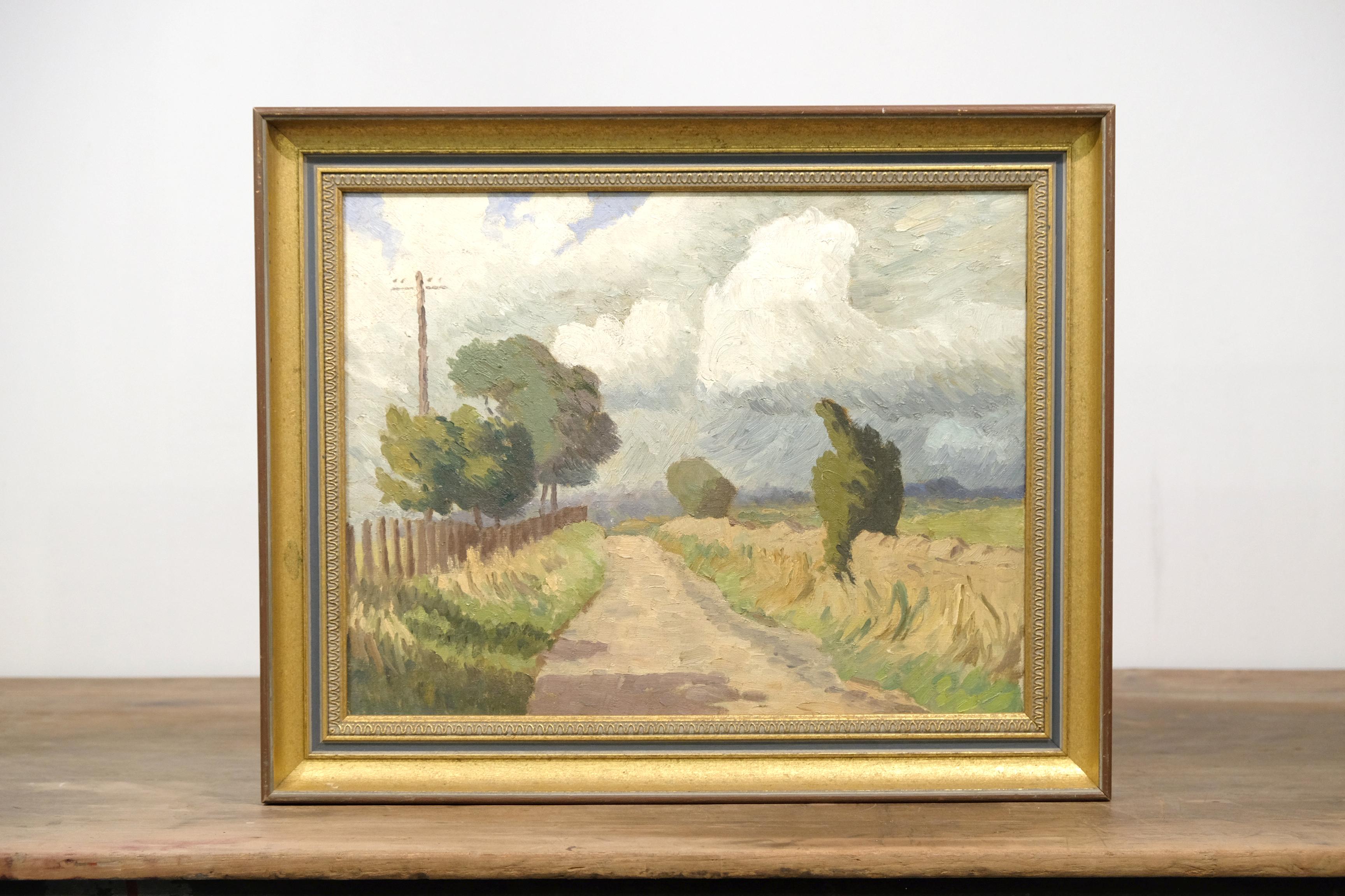 Charming impressionist style oil on board painting of a country lane in Berkshire, United Kingdom. Great atmosphere, we particularly like the clouds. Looks like a lane we'd like to wistfully wander along. In a contemporary gilt effect frame.