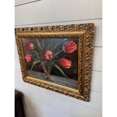 20th Century Oil on Board "Red Tulips in Vase"