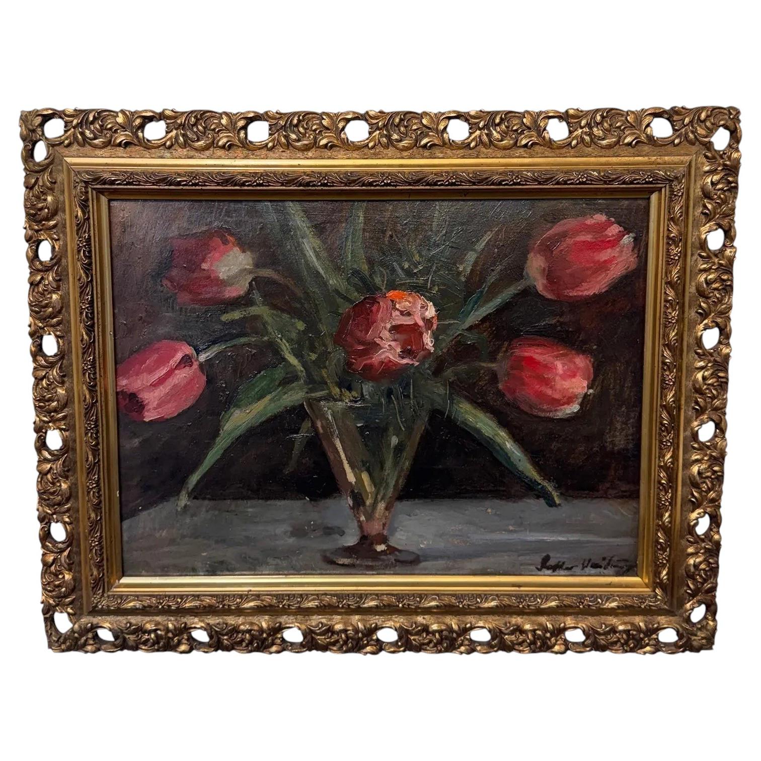 20th Century Oil on Board "Red Tulips in Vase"