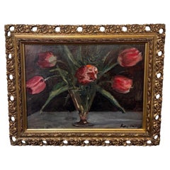20th Century Oil on Board "Red Tulips in Vase"