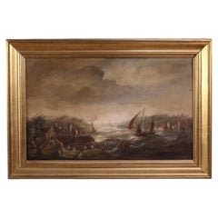 20th Century Oil on Board Seascape with Boat Flemish Painting, 1950