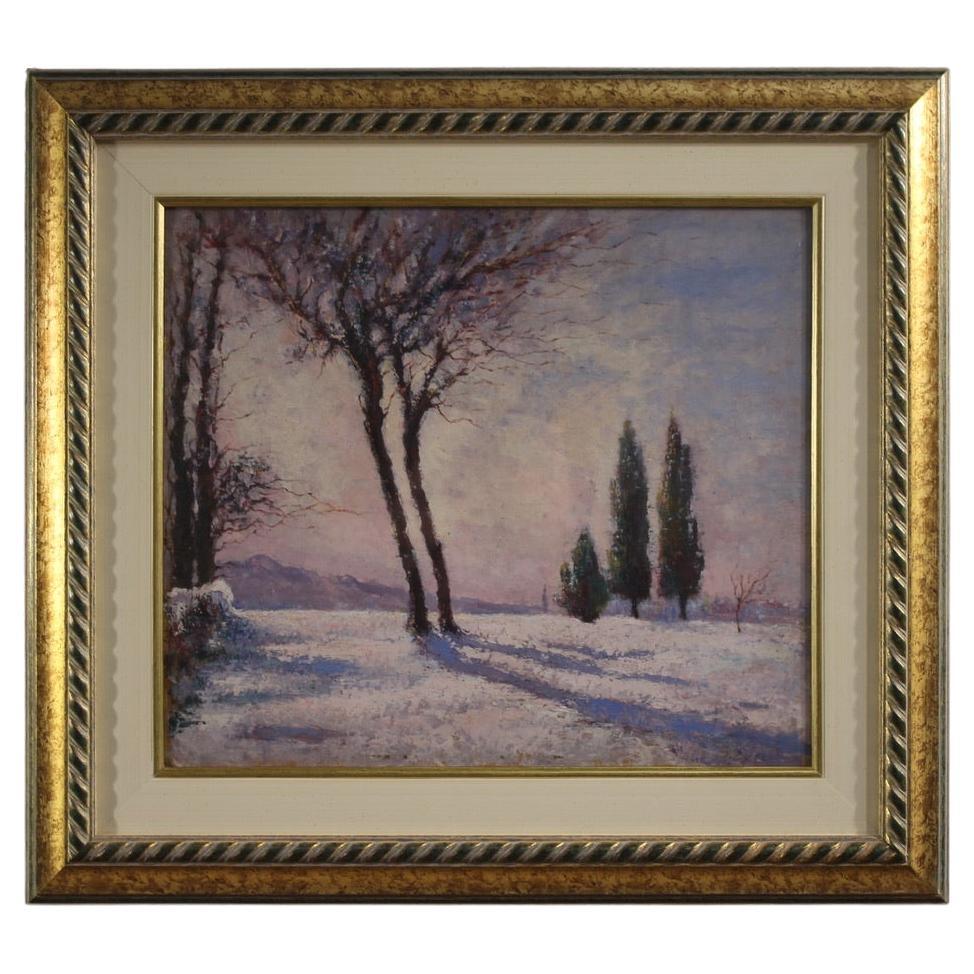 20th Century Oil on Board Signed and Dated Snowy Landscape Painting, 1932