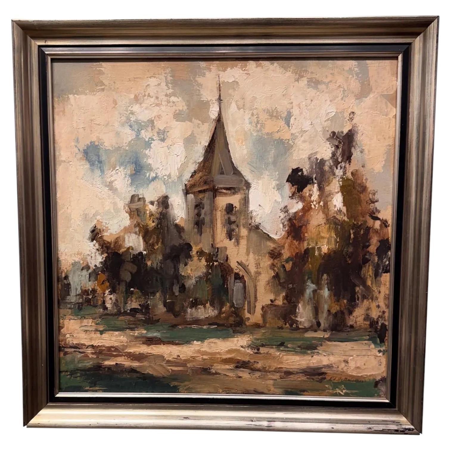 20th Century Oil on Board "Small Chapel at Grimberghe"