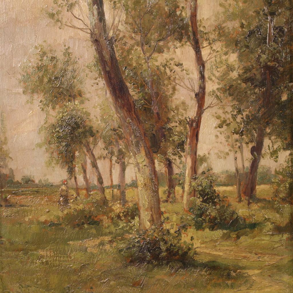 Italian painting from the first half of the 20th century. Framework oil on board depicting a wooded landscape with a character of good pictorial quality. Modern frame in carved and gilded wood of pleasant decoration. Framework of small size, signed