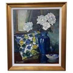 20th Century Oil on Board "White Roses"
