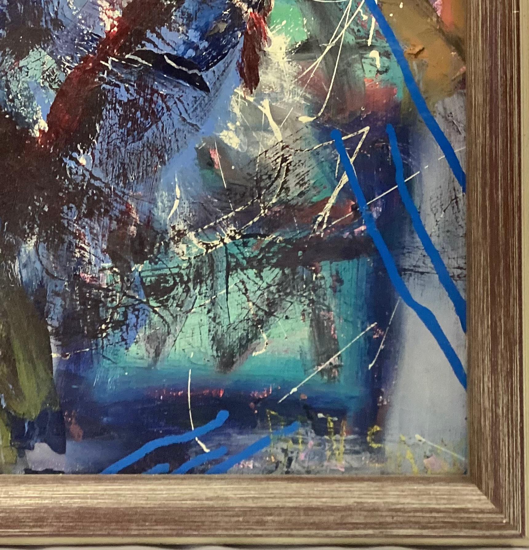 Großes abstraktes Gemälde in Öl auf Leinwand aus dem 20. Jahrhundert. Satte Blautöne, Gelbtöne, Rosatöne. Signatur in der rechten unteren Ecke, noch nicht zu entziffern. 