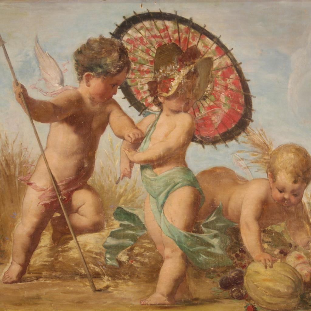 Antique French painting from the early 20th century. Artwork oil on canvas (glued on panel) depicting Allegory of summer with cherubs of excellent pictorial quality. Framework of good size and pleasant decor adorned with a modern carved and gilded