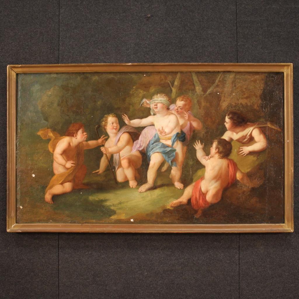 Antique Italian painting from the second half of the 18th century. Framework oil on canvas depicting Hide and Seek, a game of cherubs of good pictorial quality. Beautifully sized and pleasantly decorated painting for antique dealers, interior
