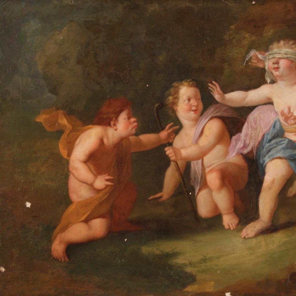 20th Century Oil on Canvas Antique Italian Painting Game of Cherubs, 1770 In Fair Condition In Vicoforte, Piedmont
