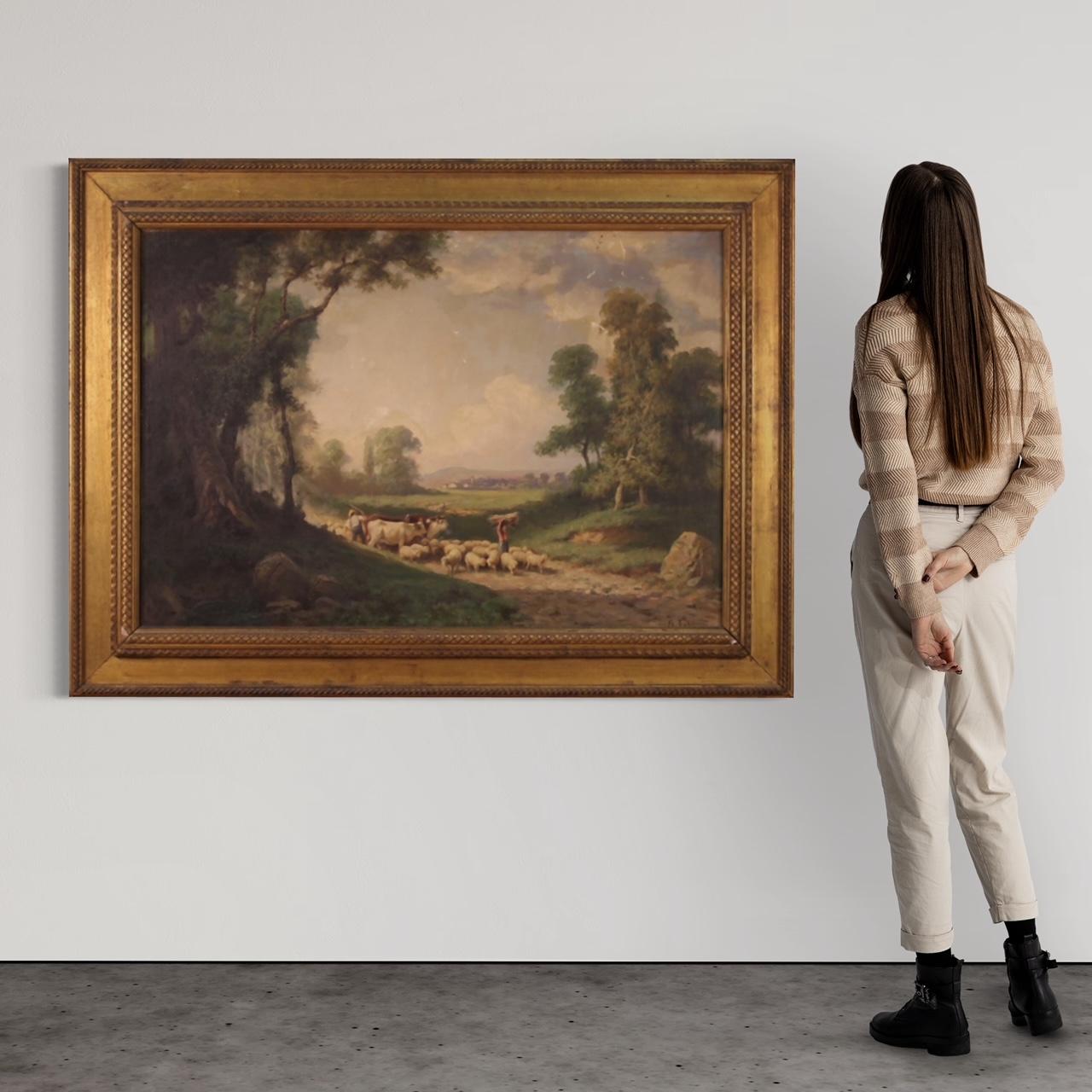 Great Italian painting from the first half of the 20th century. Oil on canvas artwork, glued on panel, depicting a countryside view with shepherds, sheep and cows of good pictorial quality. Framework adorned with a non-coeval frame, in finely carved