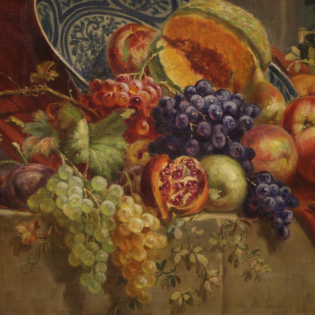 Oiled 20th Century Oil On Canvas Antique Italian Signed Still Life Painting, 1920 For Sale