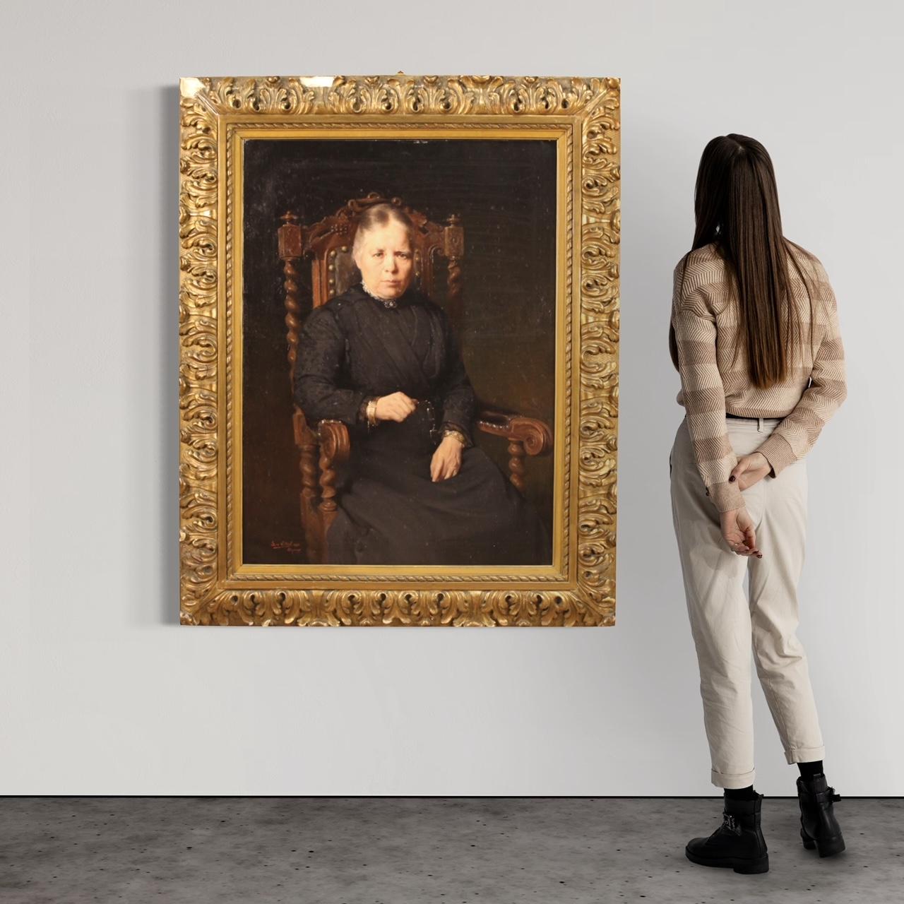Large Belgian painting dated 1920. Oil on canvas framework, on the first canvas, depicting a portrait of a lady (Maria Erminia Segers 1855-1924) of excellent pictorial quality. Large size and impact painting with wooden and plaster frame, carved and