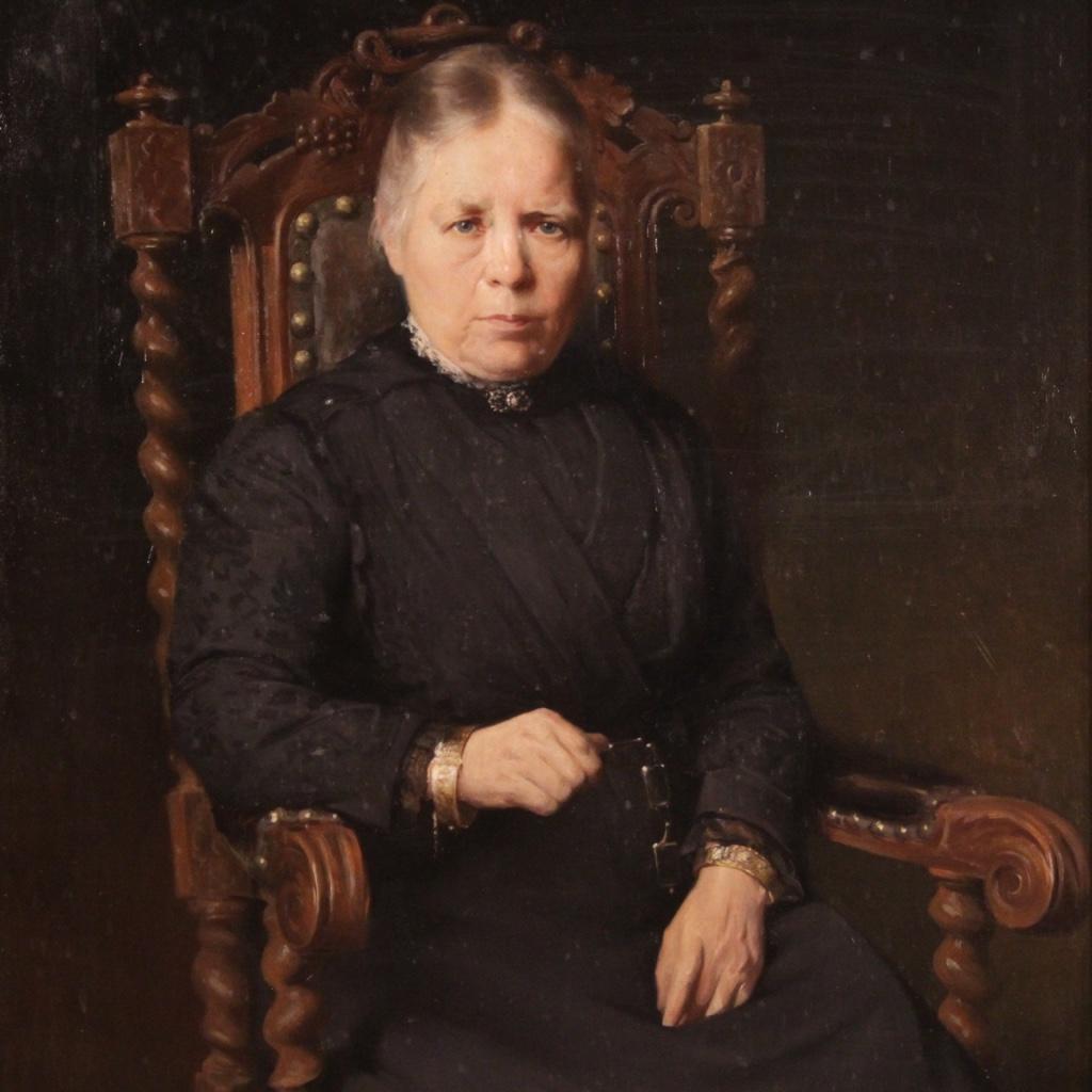 Toile huile sur toile du 20e siècle Portrait d'une femme belge signé et daté, 1920 en vente