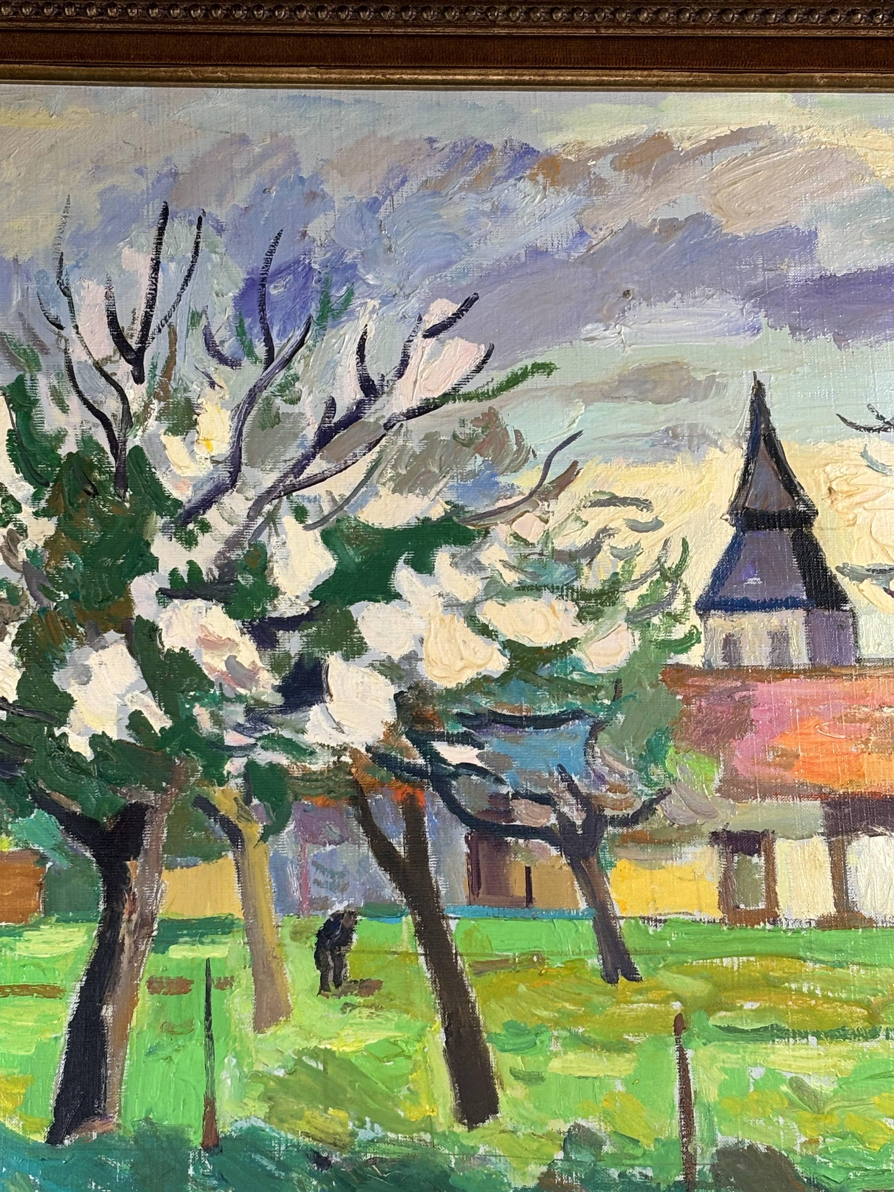 20th century Oil On Canvas By Franck Innocent (1912-1983), Spring In Heudebouville, 1978.
Beautiful oil on canvas by the painter Franck Innocent, a celebrated painter of the Ecole de Rouen, captures the vibrant charm of Normandy in Spring in