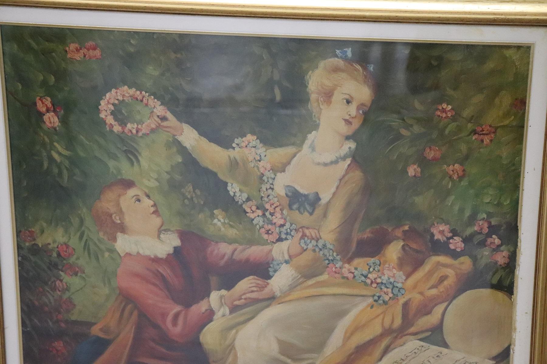 Beautiful oil painting on canvas. Excellent pictorial quality. Signed by Sotti Santino an Italian artist. A beautiful gallant scene of a man courting his woman. Sold with gilded wood frame.

  