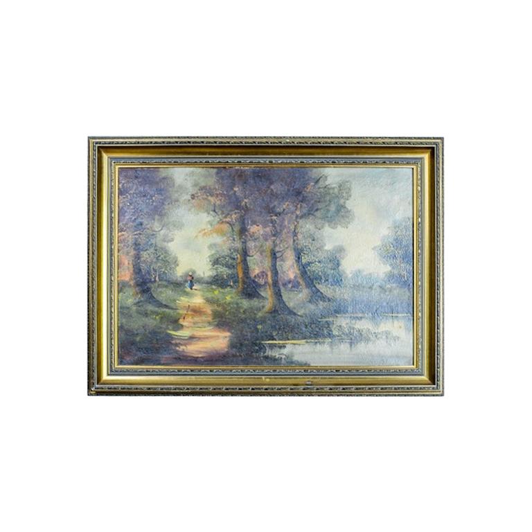 Olio su tela del XX secolo raffigurante un paesaggio forestale