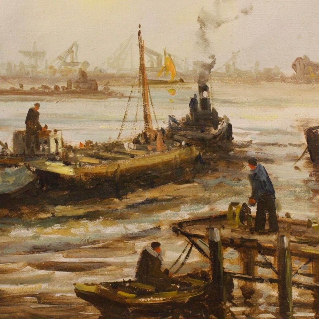 Painted 20th Century Oil on Canvas Dutch Seascape with Boats Signed Painting, 1960