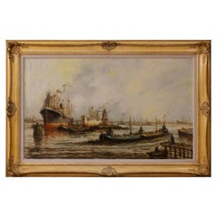 20th Century Oil on Canvas Dutch Seascape with Boats Signed Painting, 1960