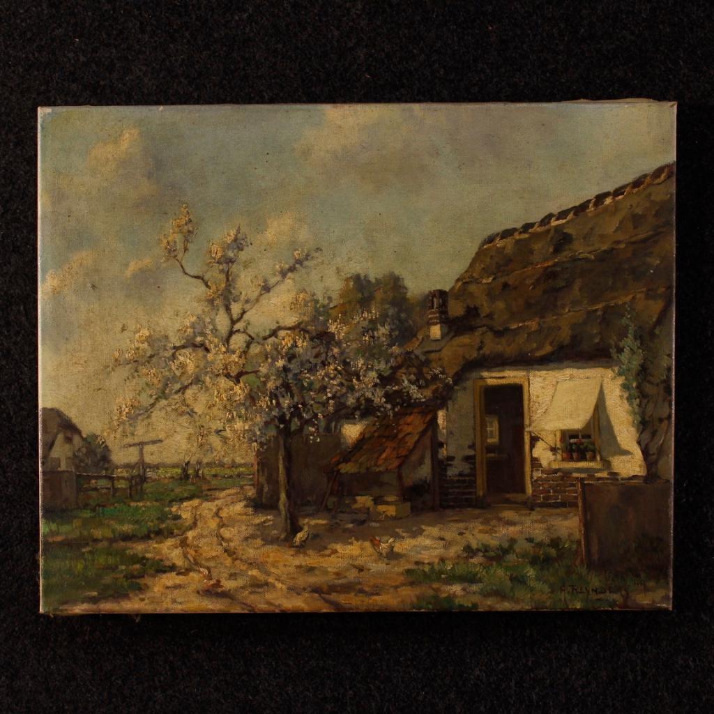 20th century Dutch painting. Framework oil on canvas, in the first canvas, depicting countryside landscape with hens signed lower right (see photo). Painting of excellent proportion that can be easily placed into different parts of the house,