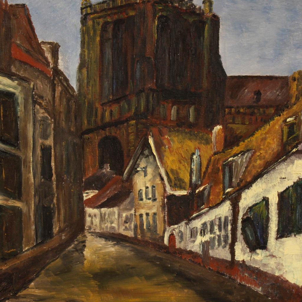 20th Century Oil on Canvas Dutch Signed Painting View with Cathedral, 1960 For Sale 7