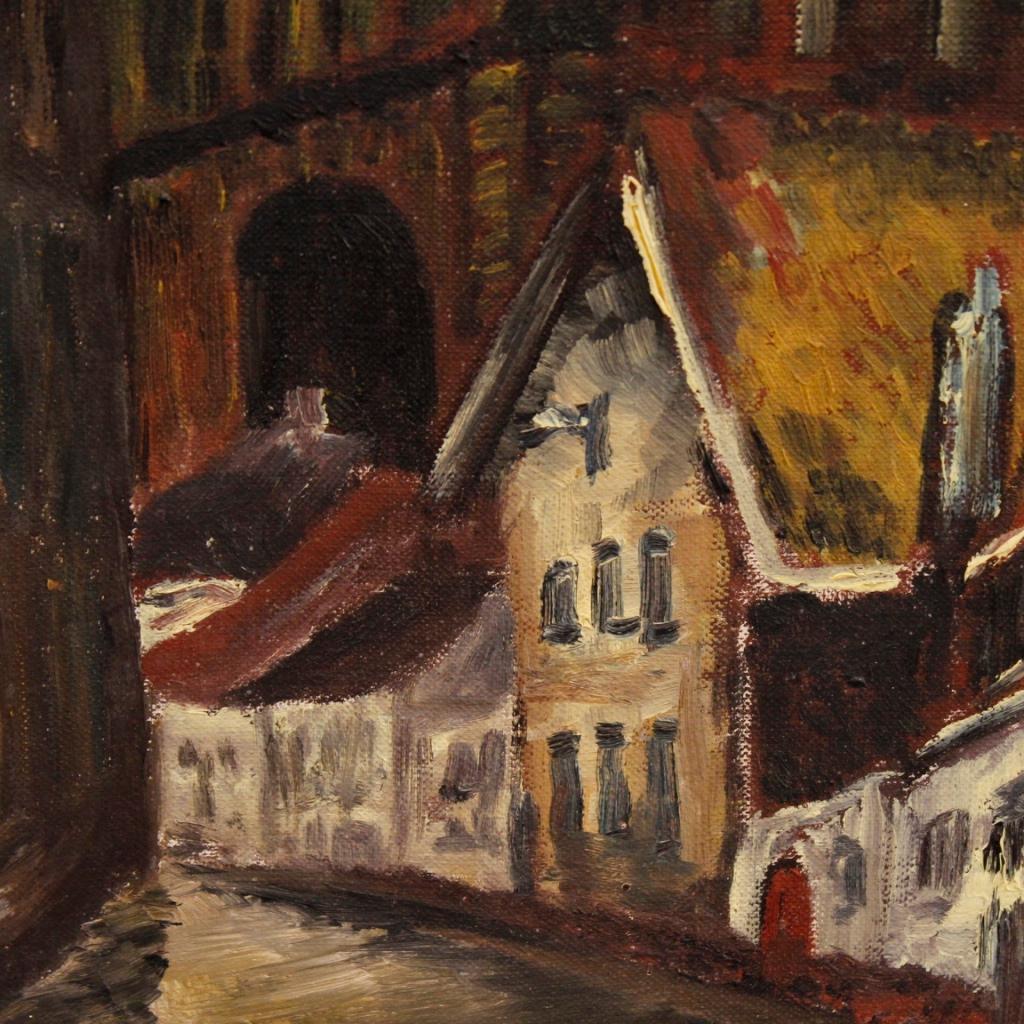 20th Century Oil on Canvas Dutch Signed Painting View with Cathedral, 1960 For Sale 9