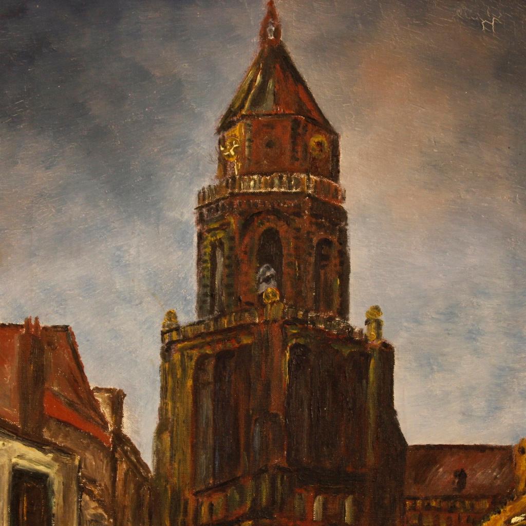 Dutch painting of the 20th Century. Work in Impressionist style oil on canvas depicting View of cathedral of good pictorial hand. Highly detailed painting with pleasant color use, of good brightness. Painting signed at bottom right (see photo), for