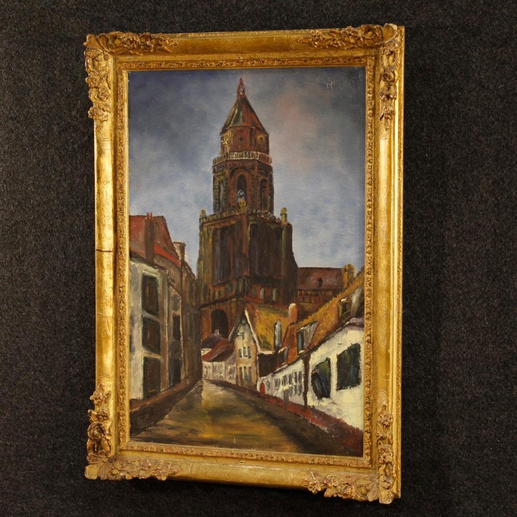 20th Century Oil on Canvas Dutch Signed Painting View with Cathedral, 1960 For Sale 3