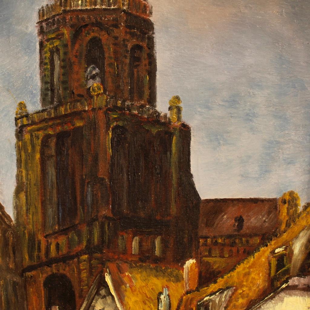 20th Century Oil on Canvas Dutch Signed Painting View with Cathedral, 1960 For Sale 4