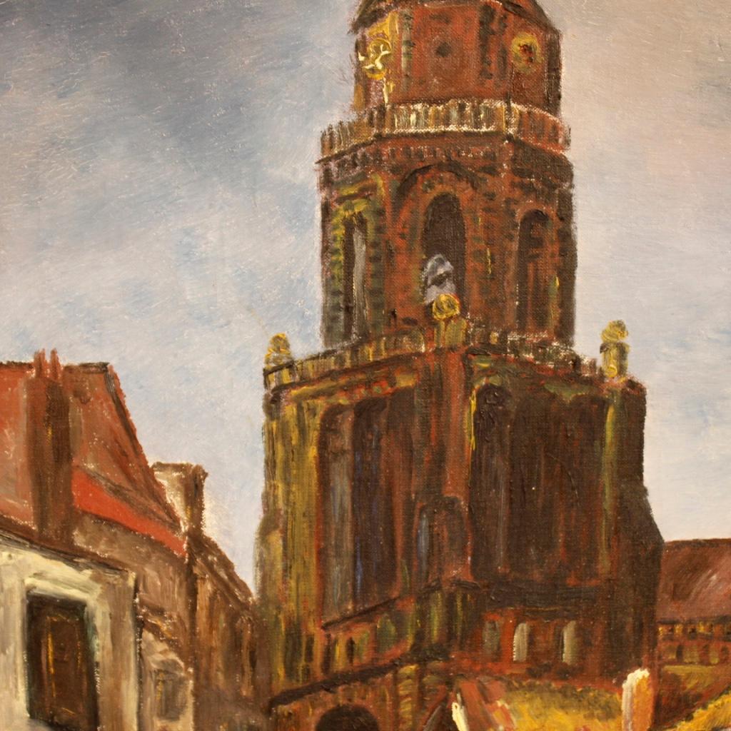 20th Century Oil on Canvas Dutch Signed Painting View with Cathedral, 1960 For Sale 5