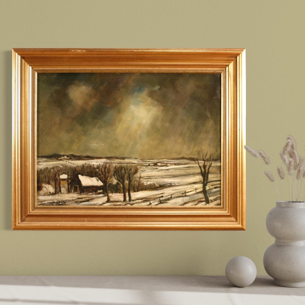 20th Century Oil on Canvas Dutch Signed Painting Winter Landscape, 1970 11