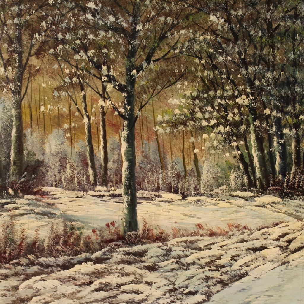Gilt 20th Century Oil on Canvas Dutch Snowy Landscape Impressionist Style Painting