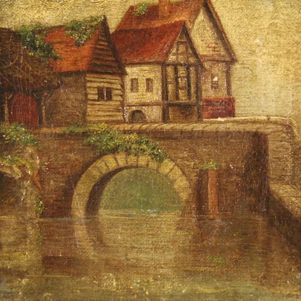 20th Century Oil on Canvas English Landscape Painting River with Houses , 1930 For Sale 6