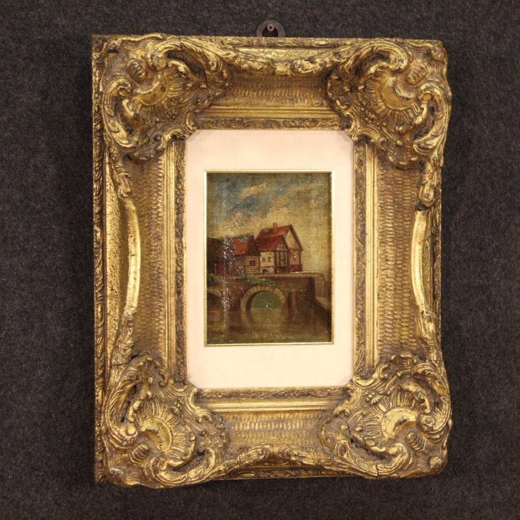 20th Century Oil on Canvas English Landscape Painting River with Houses , 1930 In Good Condition For Sale In Vicoforte, Piedmont