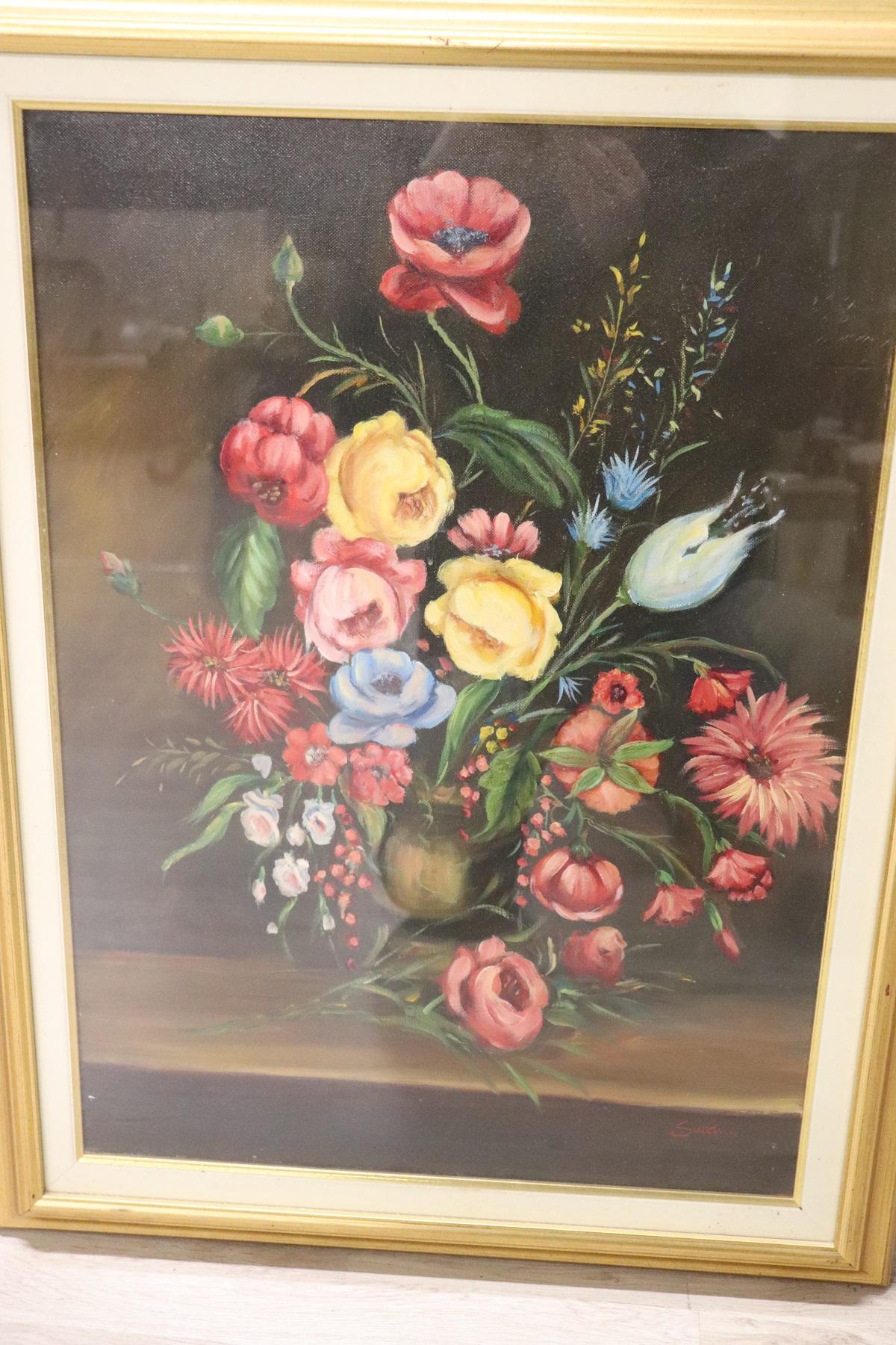 Beautiful oil painting on canvas. Excellent pictorial quality. Signed by Sotti Santino an Italian important artist. A beautiful flowerpot. Sold with gilded wood frame.