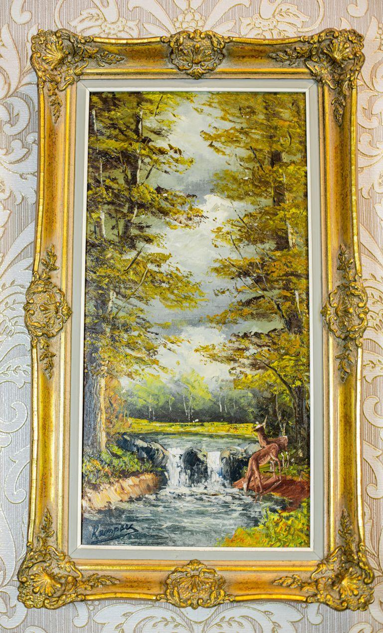 We present you a contemporary oil on canvas depicting a forest landscape.
The whole is closed in a frame which is stylized as Neo-Rococo.

The signature is unidentified.

This piece of art is in very good condition.