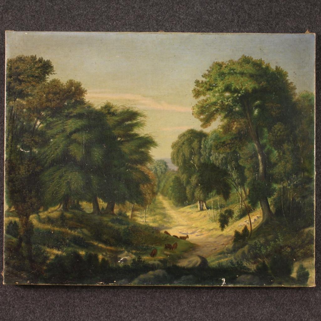French painting from the first half of the 20th century. Artwork oil on canvas, on the first canvas, depicting a wooded landscape, view with trees and goats of good pictorial quality. Painting of beautiful size and proportion, of good brightness,